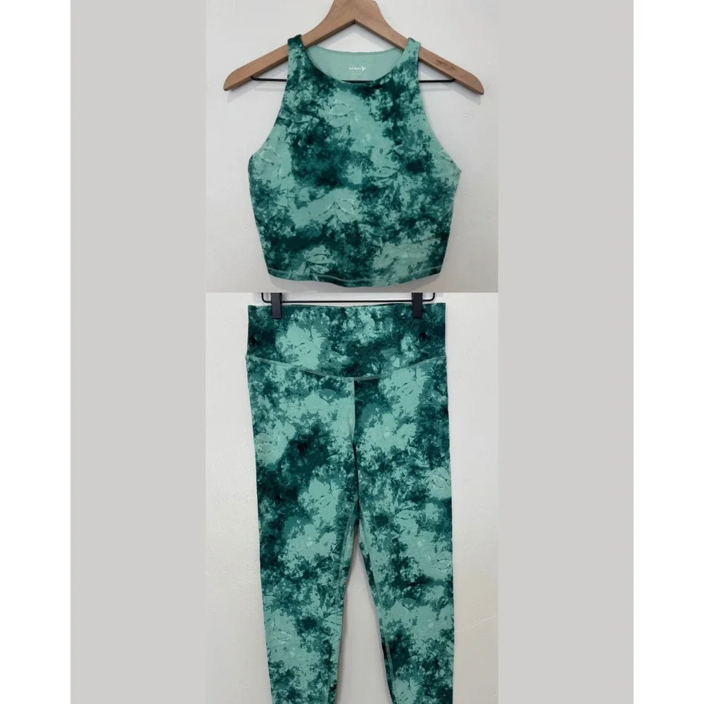 Old Navy Active PowerChill Green Tie Dye Leggings and Sports Bra Set Womens L
